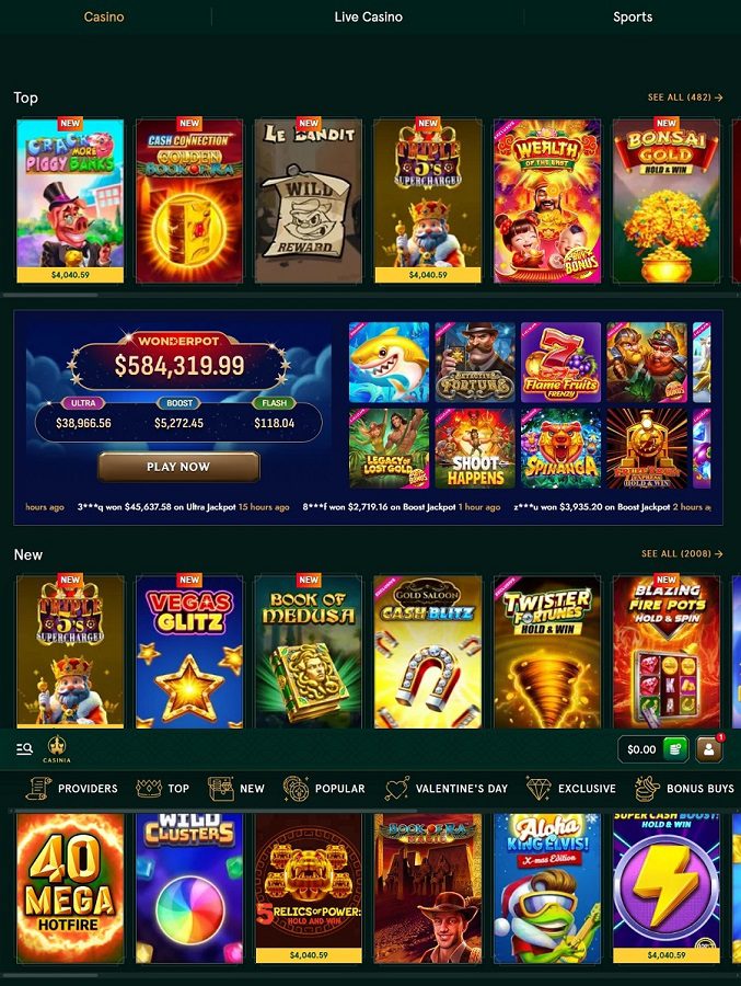 Lobby des jeux de casino sur Casinia