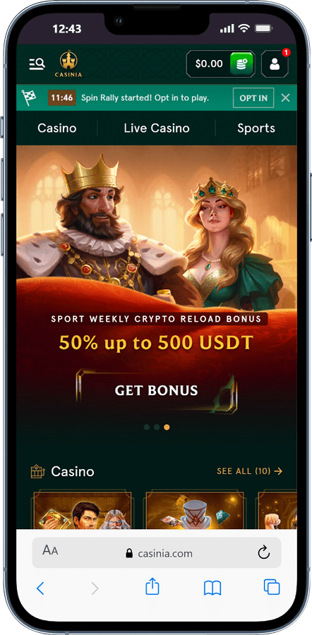 Page d'accueil de Casinia Casino depuis un smarpthone