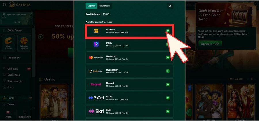 Tutoriel pour faire un dépôt sur Casinia Casino