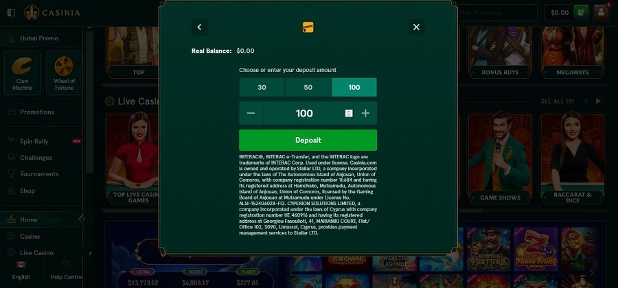 Tutoriel pour faire un dépôt sur Casinia Casino