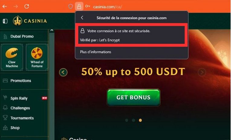 Certificat SSL du casino Casinia