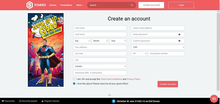 Comment s'inscrire sur Stakes Casino : étape 2
