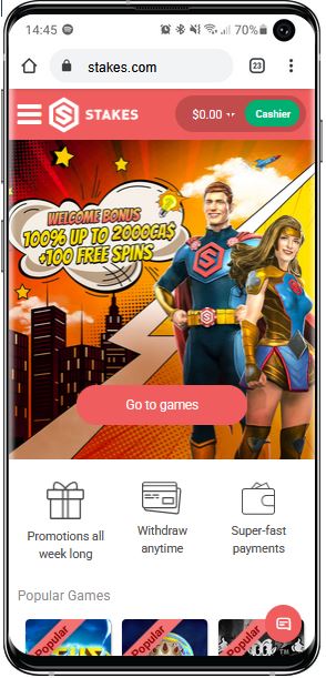 Vue de la page d'accueil de Stakes Casino depuis un smarpthone