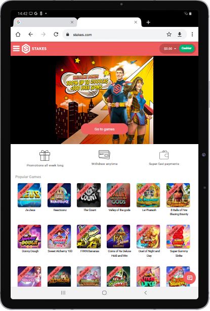 Vue de la page d'accueil de Stakes Casino depuis une tablette