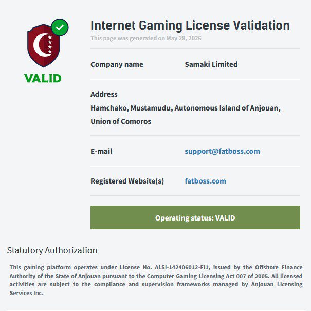 Licence valide de Fatboss casino en ligne