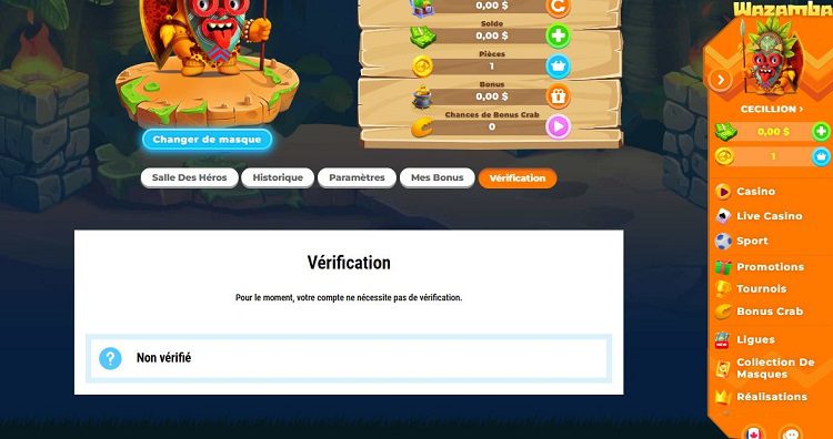 Page de verification de compte sur Wazamba Casino