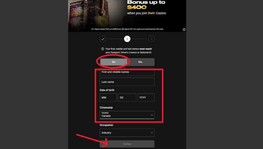 Inscription formulaire 2 sur Bwin casino en ligne