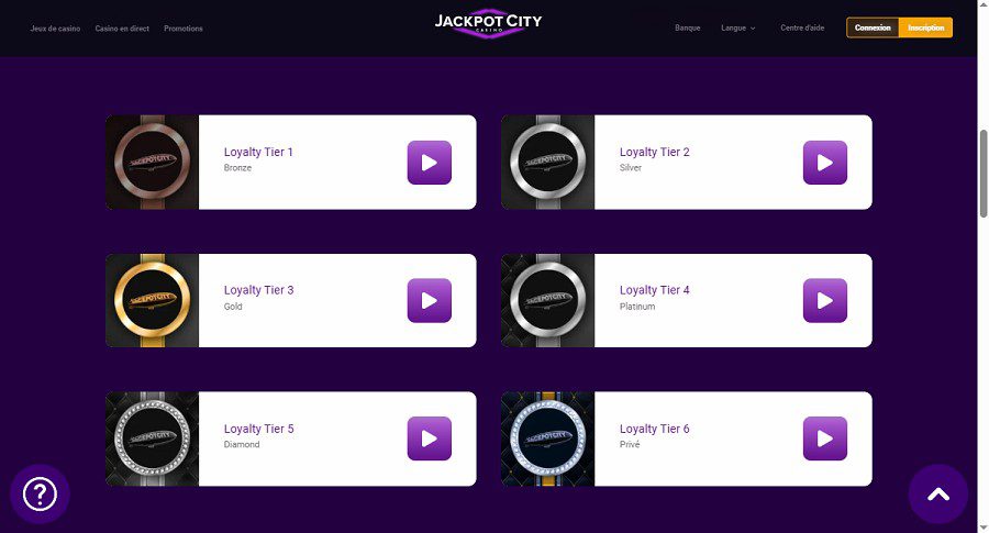 Paliers du programme VIP de Jackpot City Casino