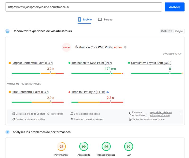 Données sur les performances du site mobile de Jackpot City Casino, recueillies sur PageSpeed Insights