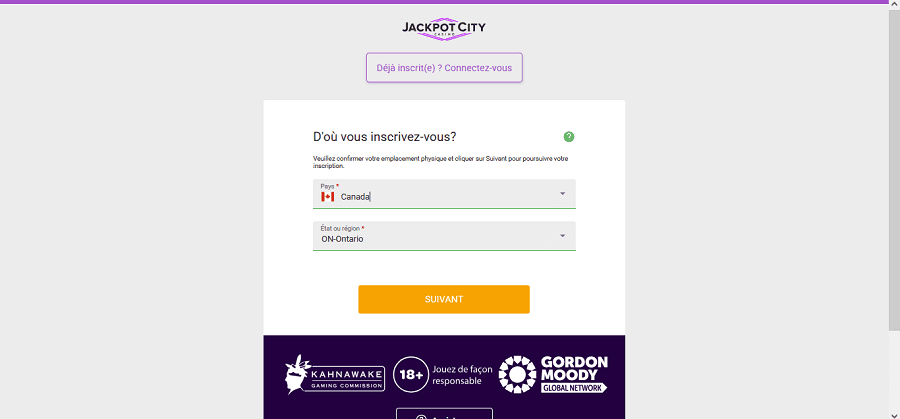Etapes pour s'inscrire sur Jackpot City Casino. Etape 2