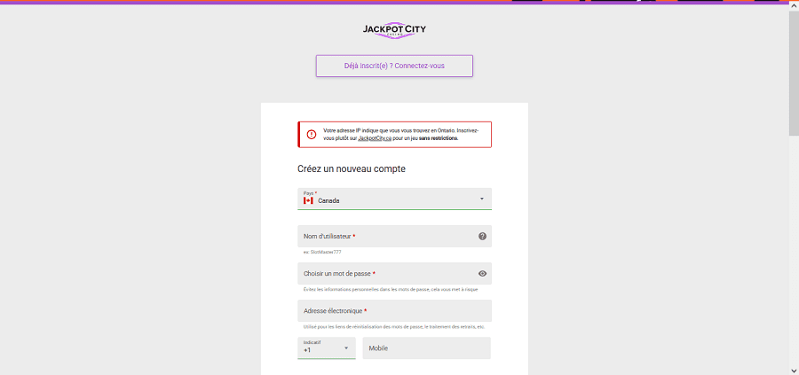 Etapes pour s'inscrire sur Jackpot City Casino. Etape 3