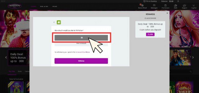 Tutoriel pour faire un retrait sur Jackpot City Casino. Etape 5