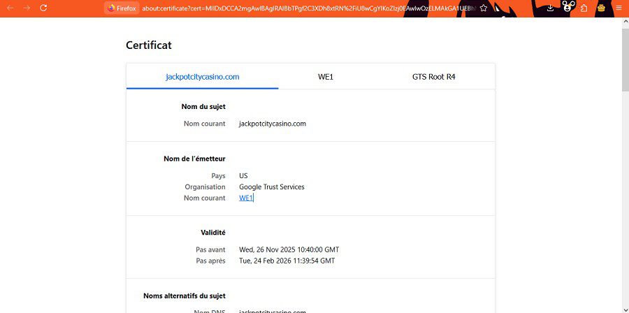 Certificat SSL de Jackpot City Casino