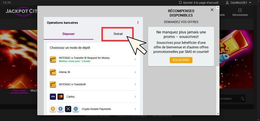 Tutoriel pour faire un retrait sur Jackpot City Casino. Etape 2