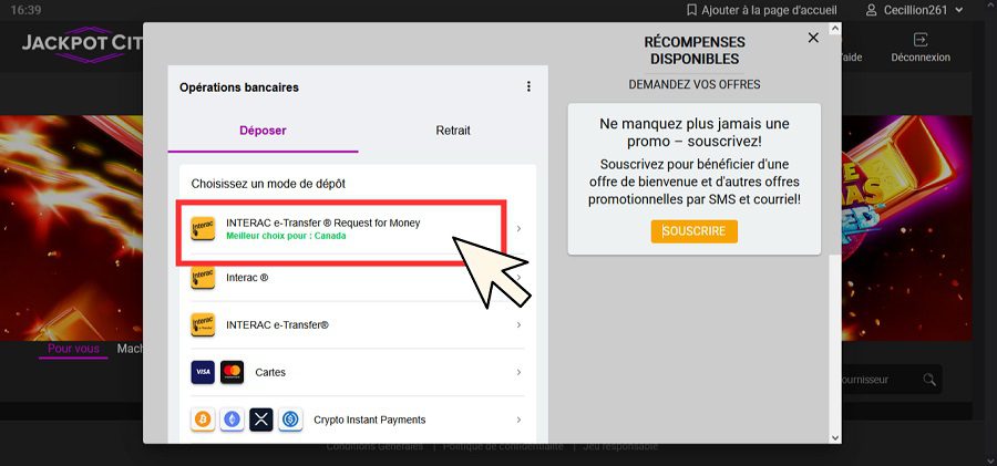 Tutoriel pour faire un dépôt sur Jackpot City Casino. Etape 2