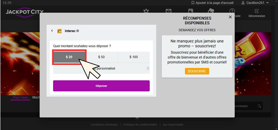 Tutoriel pour faire un dépôt sur Jackpot City Casino. Etape 3