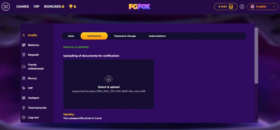 Page de vérification de compte sur FGFox Casino