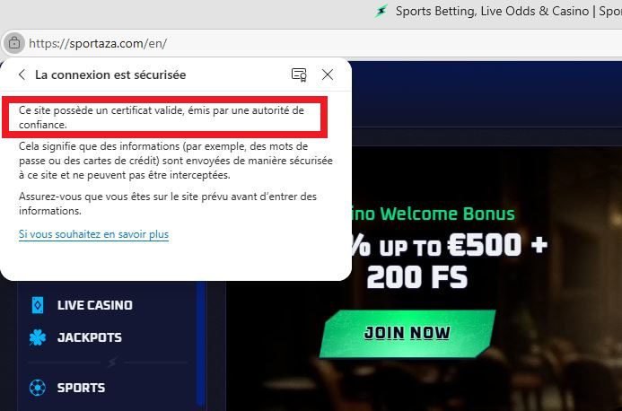 Certificat SSL sur Sportaza Casino