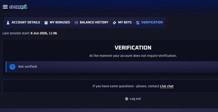 Page de vérification d’identité sur Sportaza Casino