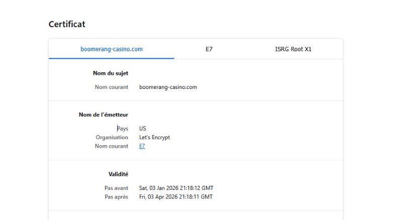 Certificat SSL du casino Boomerang