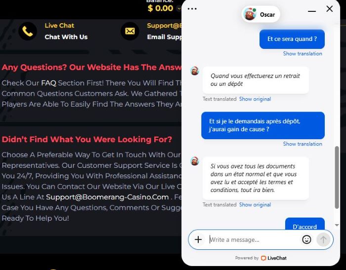 Echanges avec le support client du casino en ligne Boomerang