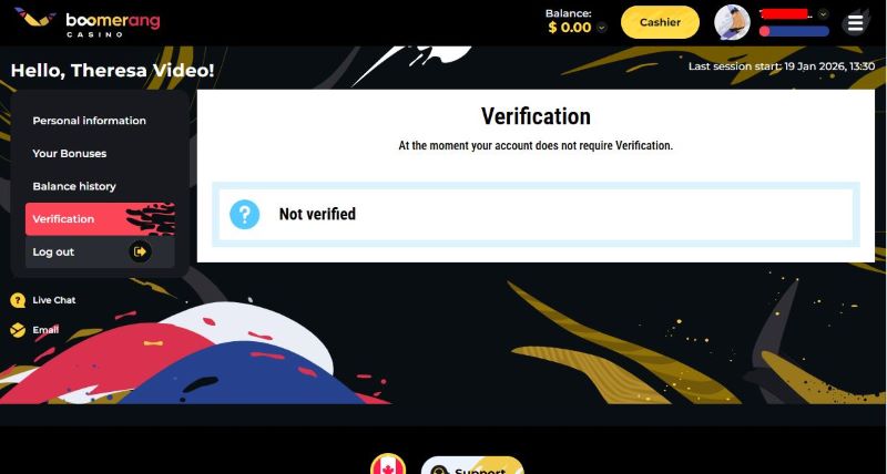 Page de vérification de compte sur Boomerang Casino