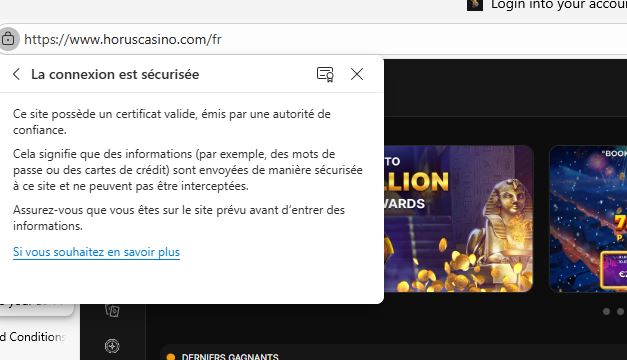 Certificat SSL du site web du casino Horus