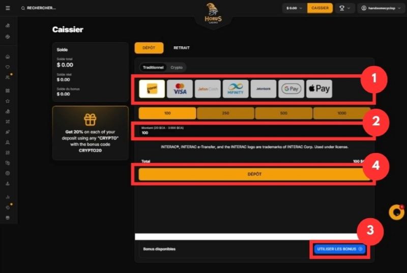 Tutoriel pour faire un dépôt sur Horus Casino