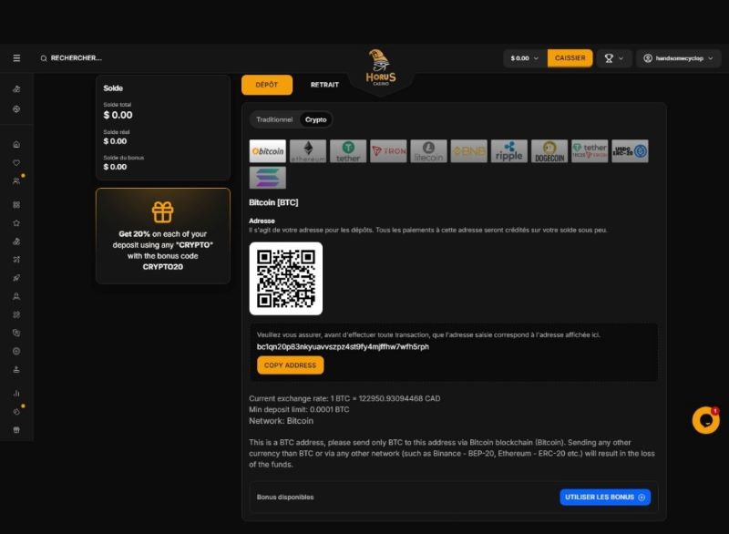 Tutoriel pour faire un dépôt en cryptomonnaie sur Horus Casino