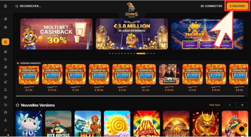Tutoriel en image pour s'inscrire sur Horus Casino : étape 1