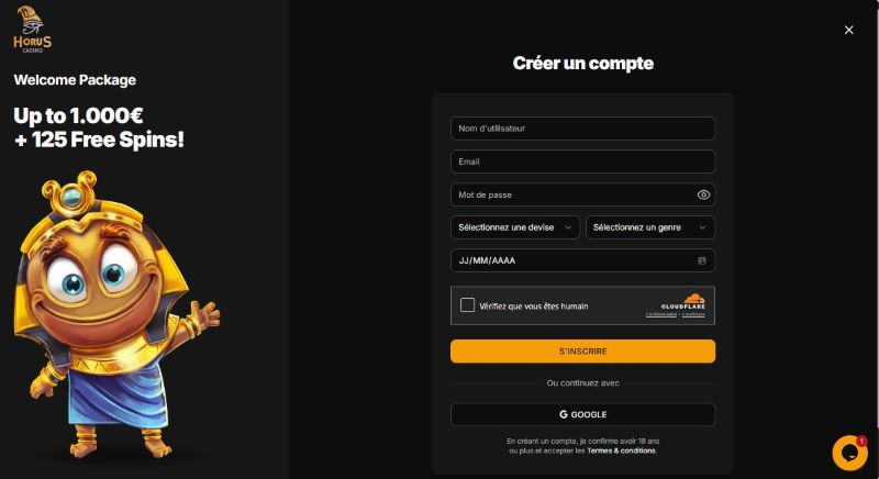 Tutoriel en image pour s'inscrire sur Horus Casino : étape 2