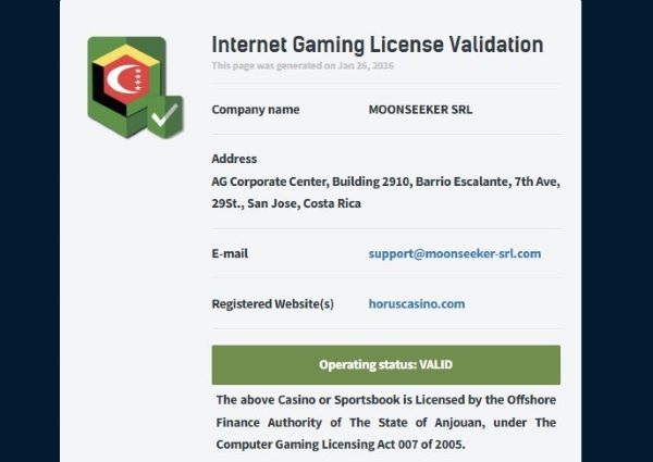 Licence de jeu de Horus Casino