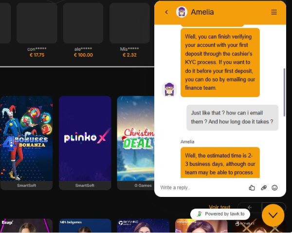 Clavardage avec le support client du casino en ligne Horus
