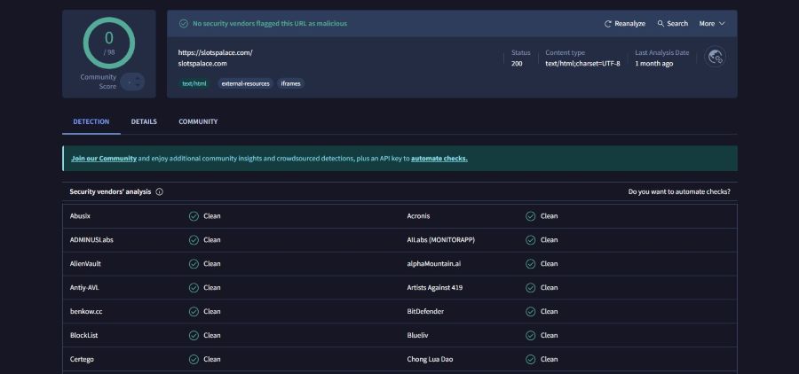 Analyse virus Slots Palace Casino