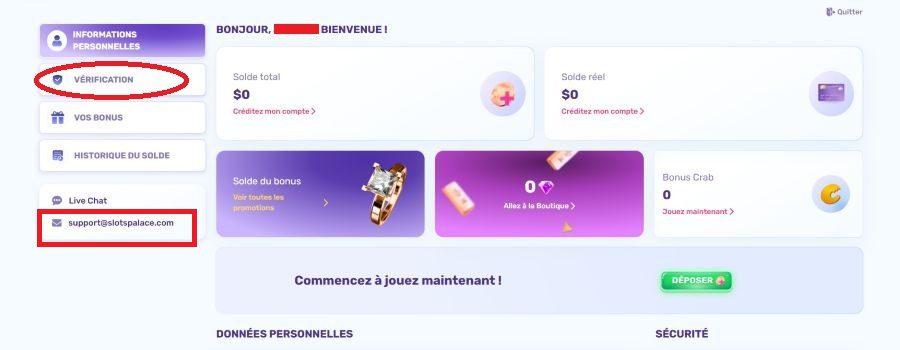 Vérification du compte Slots palace casino