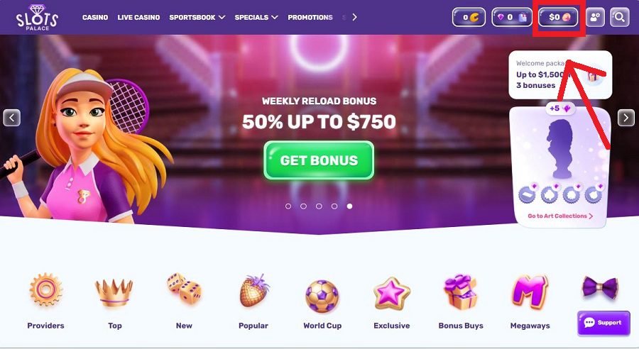 Etape 1 d’un dépôt sur Slots Palace Casino