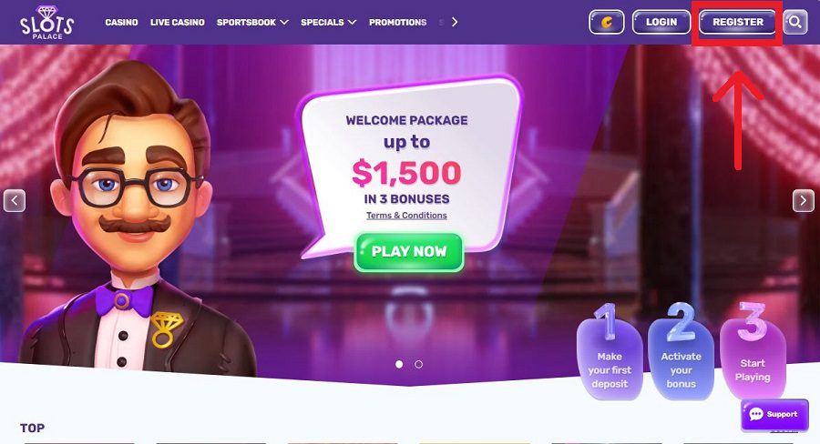 Etape 1 de l’inscription sur Slots Palace Casino