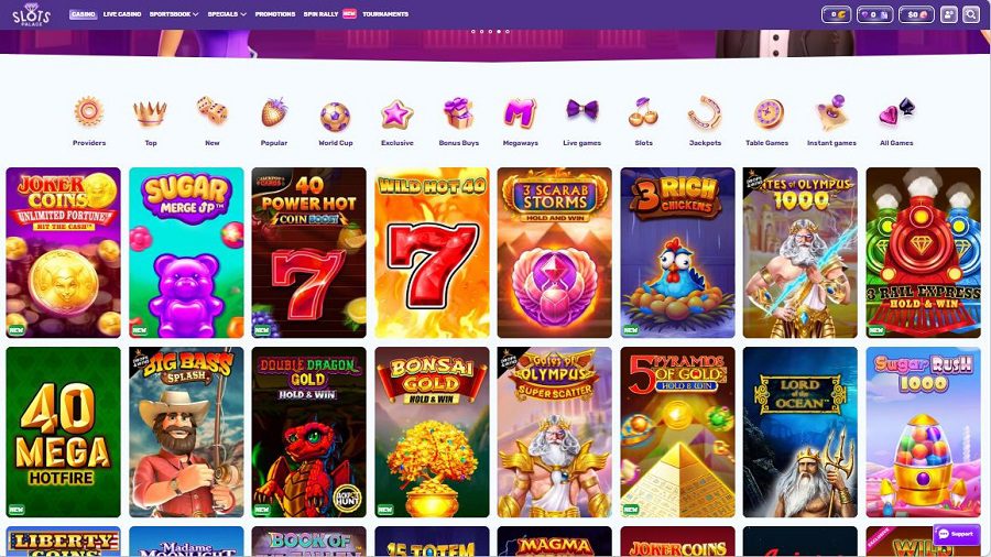 Lobby des jeux sur le casino en ligne Slots Palace