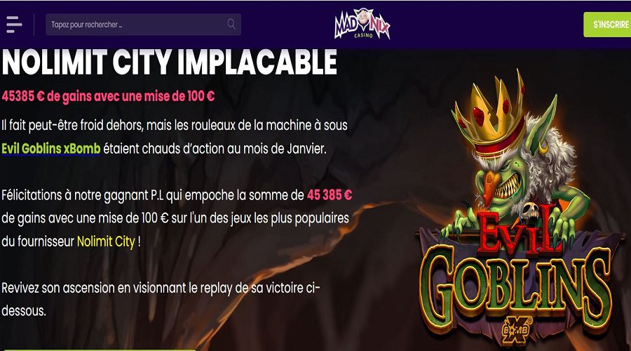 Une slot Nolimit City verse 45 000€ sur Madnix