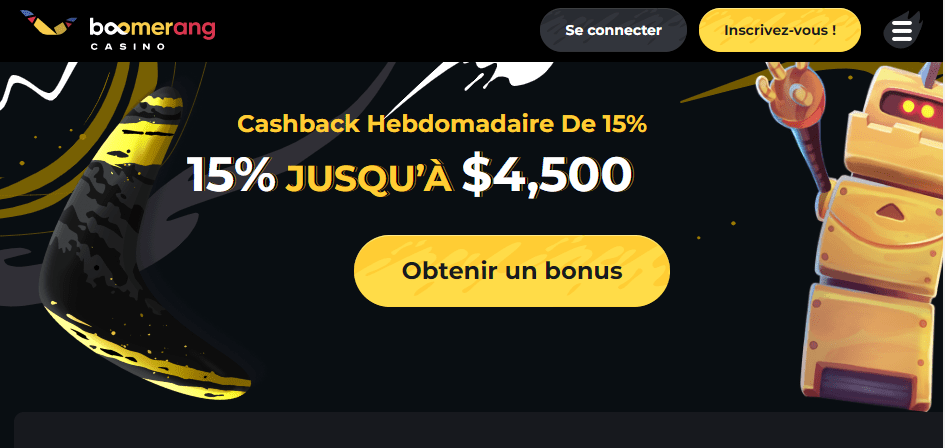 Cashback à volonté sur Boomerang Casino