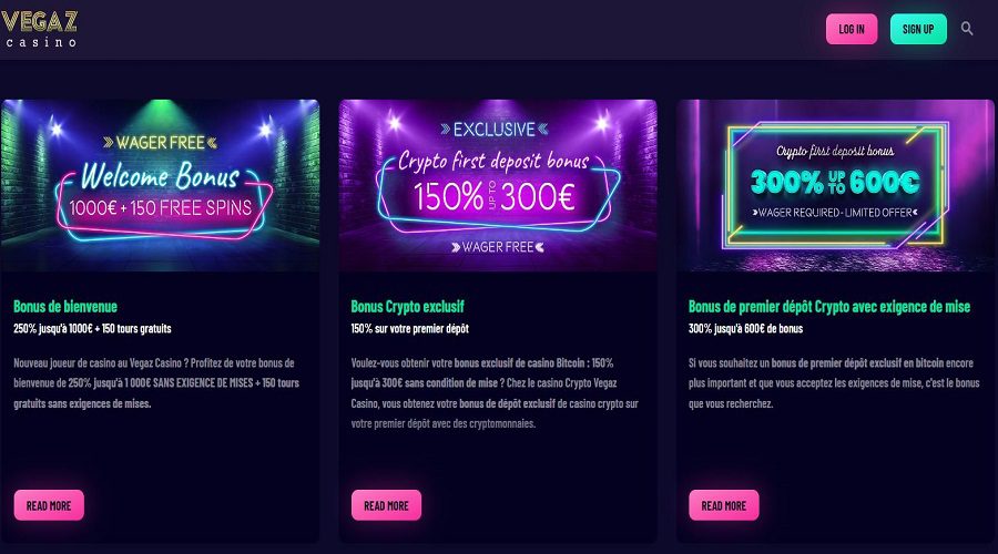 Vegaz Casino offre des bonus de bienvenue fructueux