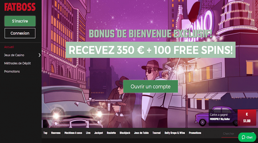 Jouez avec un bonus de bienvenue de 350€ sur Fatboss