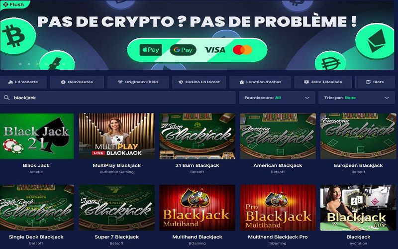 Jeux de blackjack en ligne et en live sur Flush Casino