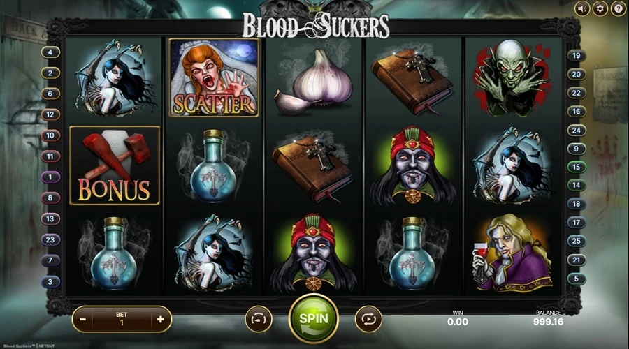 Aperçu in-game de Blood Suckers (NetEnt) : interface complète avec rouleaux 5×3, RTP 98 %, mise totale, gain affiché et UI joueur en condition réelle de jeu