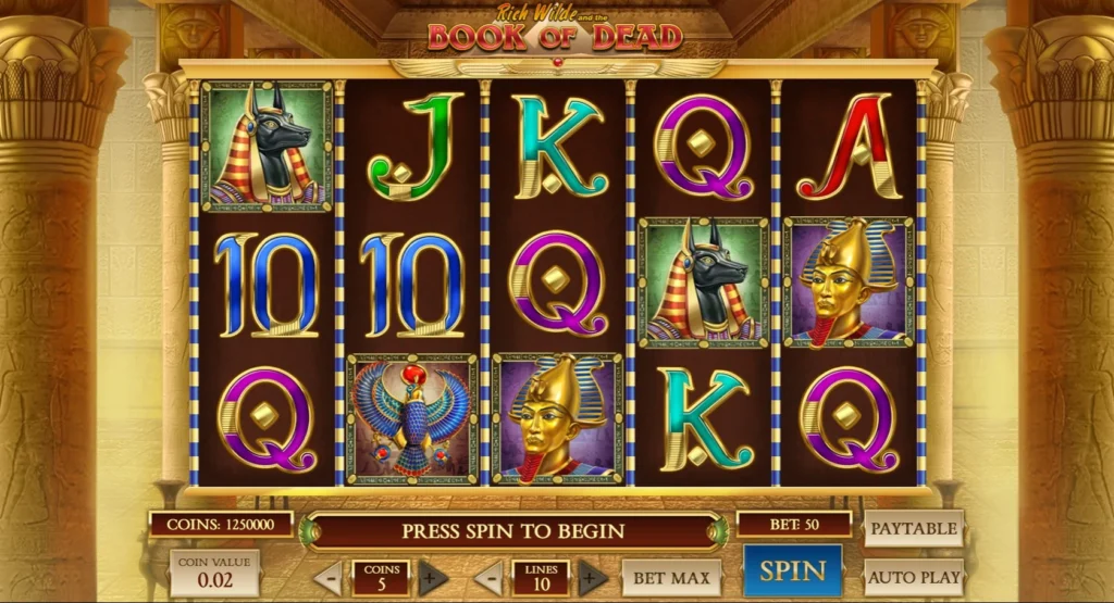 Aperçu in-game de Book of Dead (Play'n GO) : interface complète avec rouleaux 5×3, RTP 96,21 %, déclenchement de 10 free spins avec scatters, bouton spin et UI de jeu