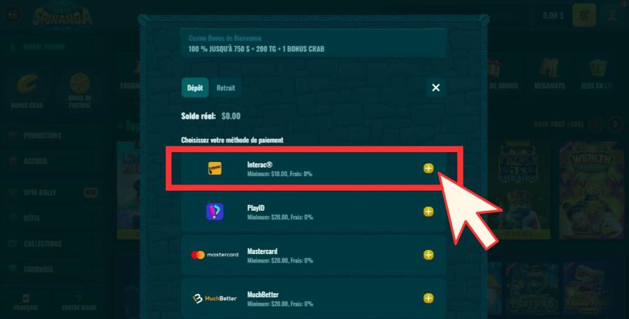 Comment faire un dépôt sur Spinanga Casino : étape 2