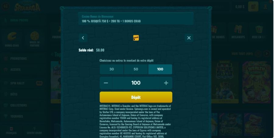 Comment faire un dépôt sur Spinanga Casino : étape 3