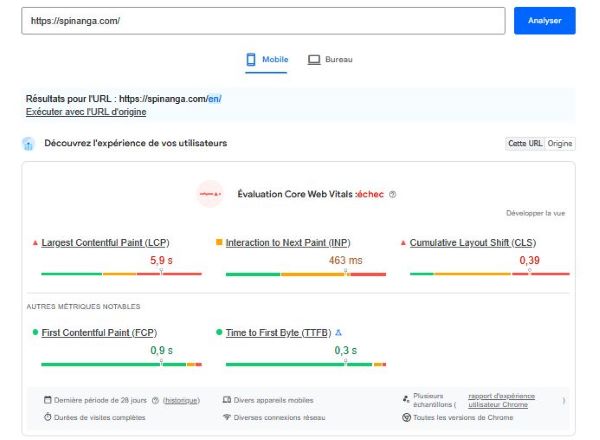 Resultat des tests de Spinanga Casino sur PageSpeed Insight de Google