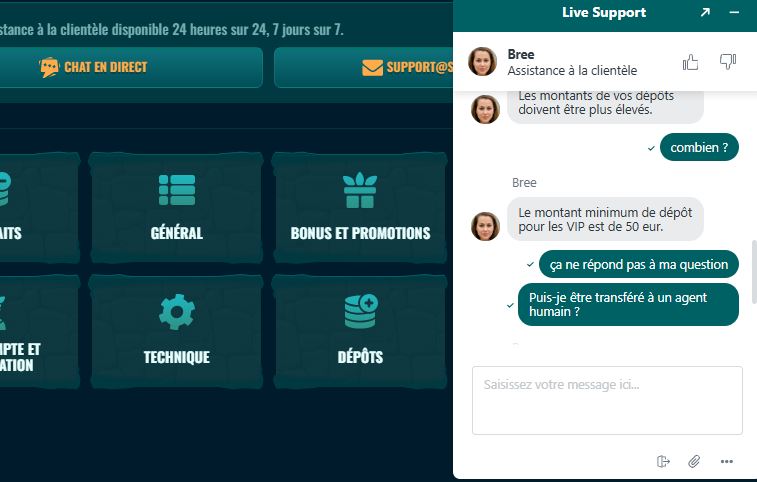 Discussion avec les agents du support client sur le casino Spinanga