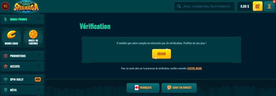 Page de verification de compte sur Spinanga Casino